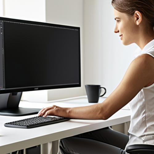 Home 4 **
"Ergonomic workspace. Adjustable height desk with a person comfortably working, alternating between sitting and standing. Focus on good posture, relaxed shoulders, natural light, and a clean, organized environment. Happy and productive atmosphere."
**