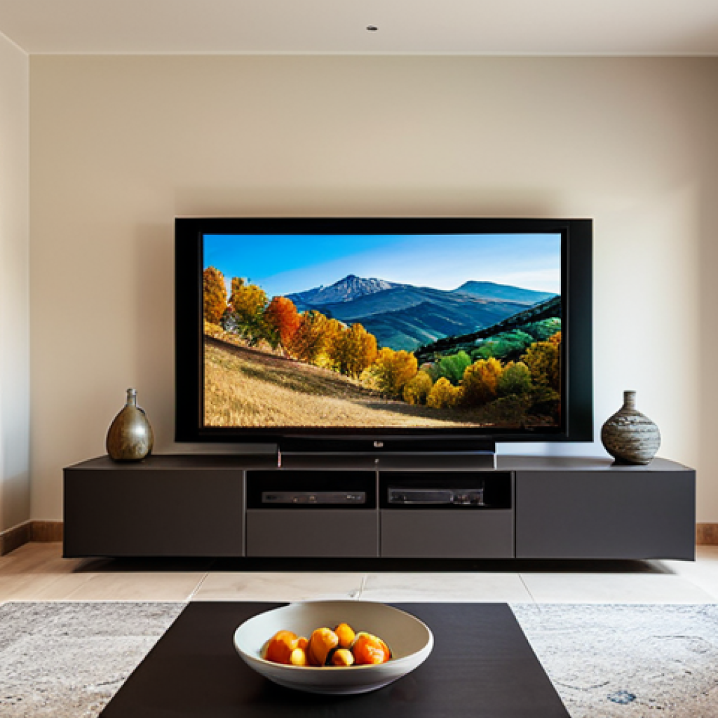 **

"A cozy Spanish living room with a large, modern TV mounted on the wall. The TV is displaying a vibrant landscape scene. Below the TV, there's a stylish console table with a few decorative items.  Cables are neatly hidden behind the wall. Soft, warm lighting. Safe for work, appropriate content, fully clothed setting. Professional interior design photography, perfect anatomy of the room, correct proportions, well-lit, family-friendly, modest decor."

**