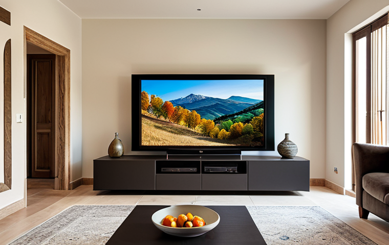 **

"A cozy Spanish living room with a large, modern TV mounted on the wall. The TV is displaying a vibrant landscape scene. Below the TV, there's a stylish console table with a few decorative items.  Cables are neatly hidden behind the wall. Soft, warm lighting. Safe for work, appropriate content, fully clothed setting. Professional interior design photography, perfect anatomy of the room, correct proportions, well-lit, family-friendly, modest decor."

**