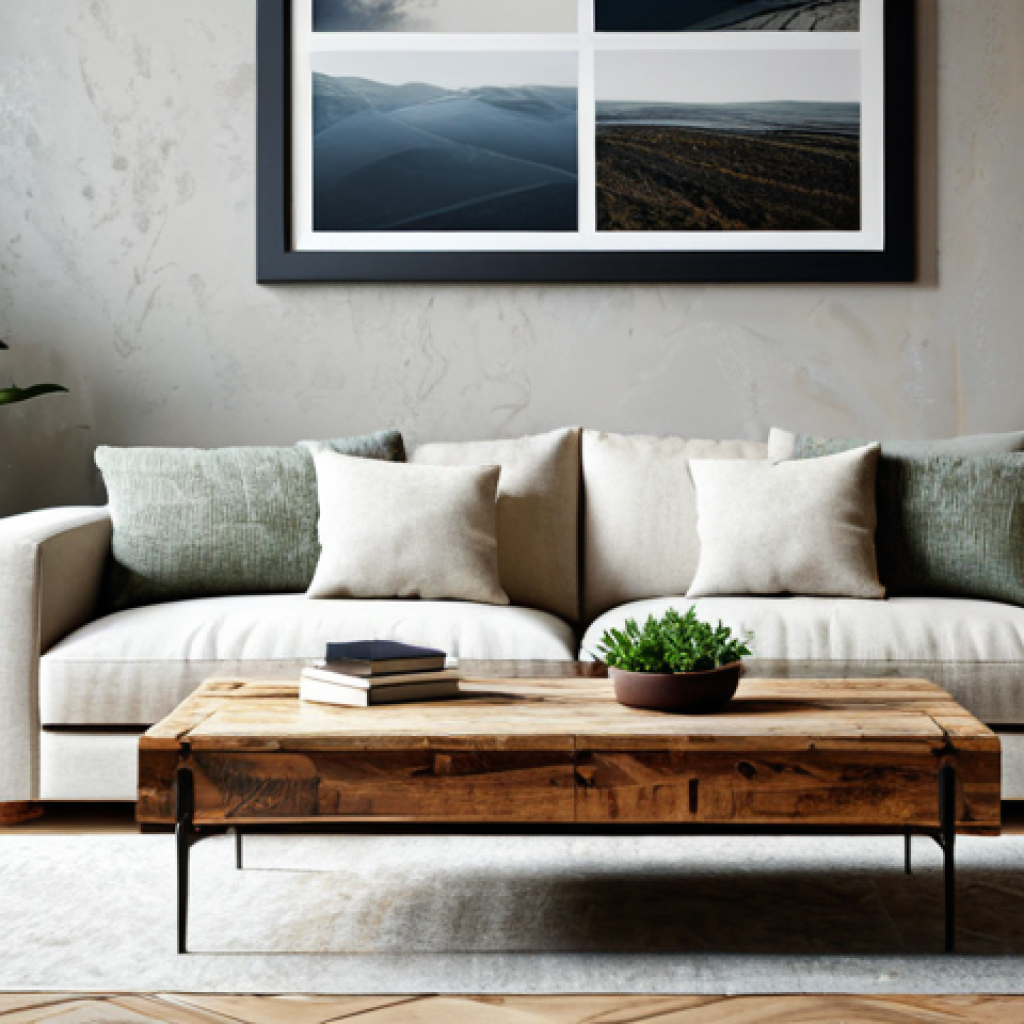 **

"A beautifully designed living room showcasing eco-friendly furniture. Focus on a sofa made with recycled fabrics in neutral tones, paired with a coffee table crafted from reclaimed wood. The room should feature natural light, potted plants, and artisanal décor elements. The overall aesthetic should be warm, inviting, and emphasize sustainable living. safe for work, appropriate content, fully clothed, professional, modest, perfect anatomy, natural proportions, high quality, detailed texture, 8k resolution."

**