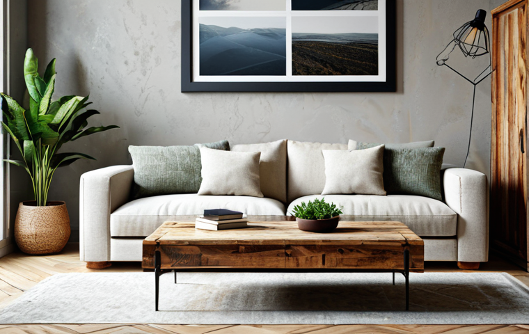 **

"A beautifully designed living room showcasing eco-friendly furniture. Focus on a sofa made with recycled fabrics in neutral tones, paired with a coffee table crafted from reclaimed wood. The room should feature natural light, potted plants, and artisanal décor elements. The overall aesthetic should be warm, inviting, and emphasize sustainable living. safe for work, appropriate content, fully clothed, professional, modest, perfect anatomy, natural proportions, high quality, detailed texture, 8k resolution."

**