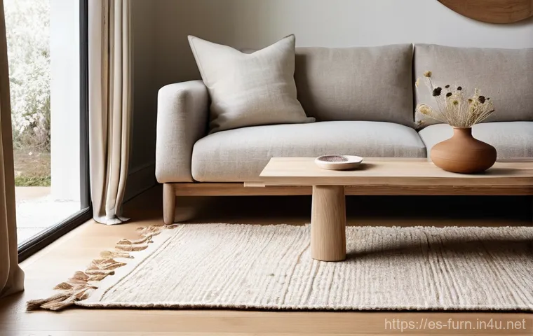 디자이너 가구 브랜드 - **Sustainable and Tactile Living Room Oasis:**
    An inviting and serene living room bathed in soft...