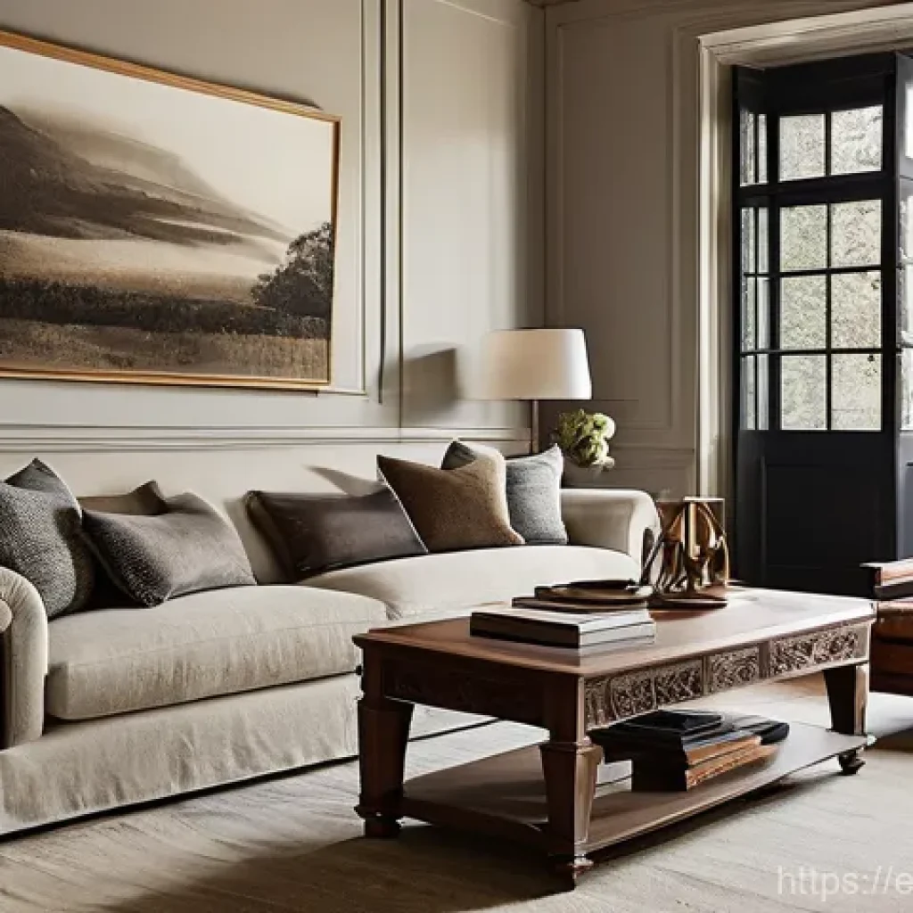 유럽 감성 가구 브랜드 - **Prompt:** A cozy and elegant living room inspired by classic European design. The focal point is a...