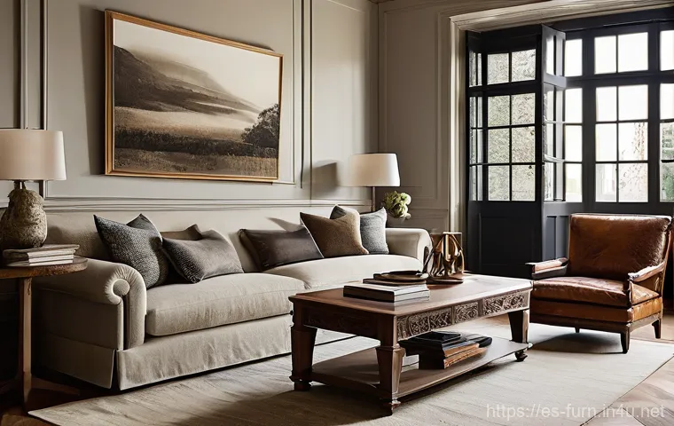 유럽 감성 가구 브랜드 - **Prompt:** A cozy and elegant living room inspired by classic European design. The focal point is a...