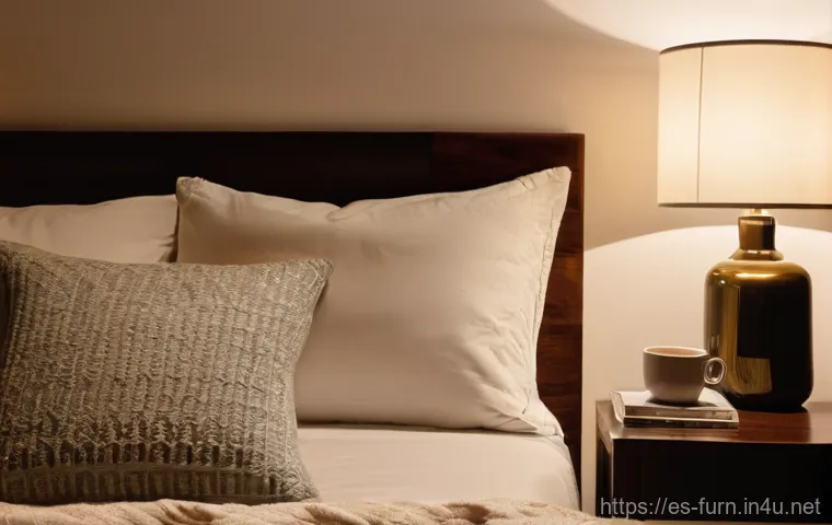 침실 분위기 조명 - **Prompt:** A cozy and inviting bedroom at dusk, bathed in warm, soft golden light. The overall illu...