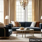 모던 클래식 가구 스타일 - A sophisticated living room blending modern and traditional styles: a minimalist velvet-upholstered ...