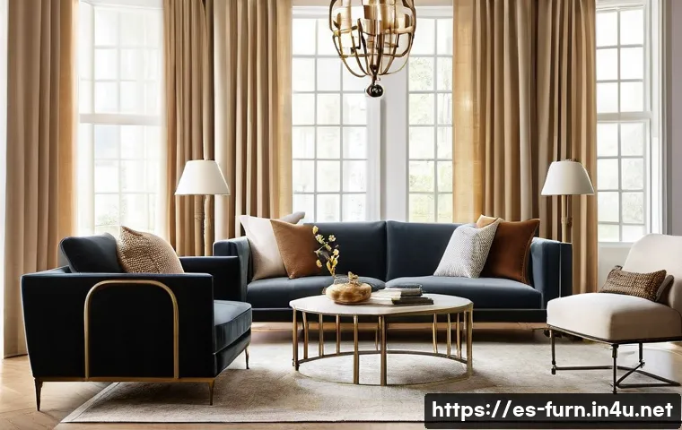 모던 클래식 가구 스타일 - A sophisticated living room blending modern and traditional styles: a minimalist velvet-upholstered ...