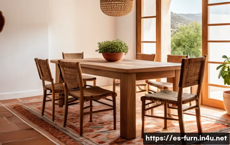 중국산 가구 vs 국내산 가구 - A cozy, sunlit Spanish dining room featuring a solid wood dining table crafted from high-quality, ce...