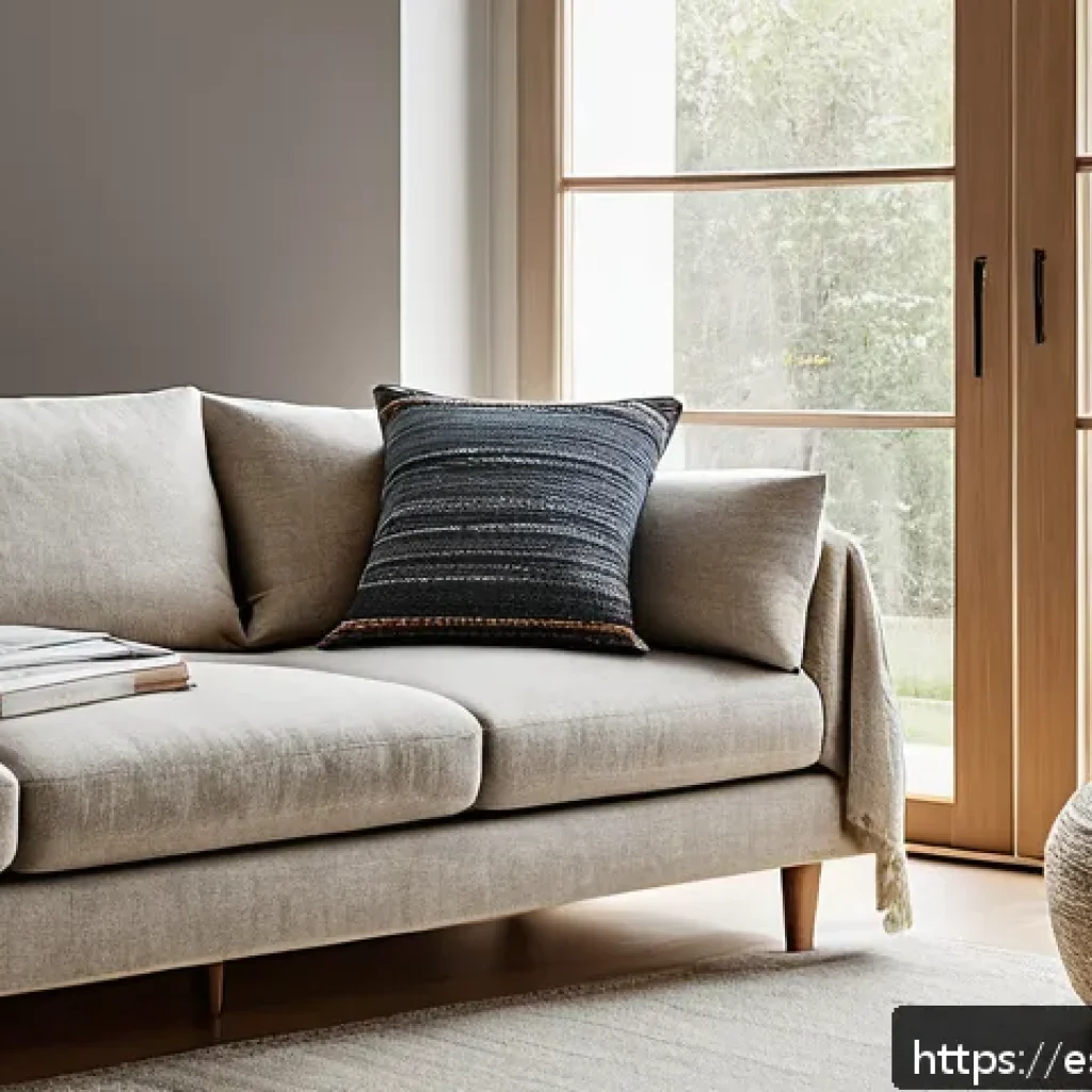 소파 선택 가이드 - A modern living room featuring a medium-sized L-shaped sofa upholstered in recycled linen fabric, po...
