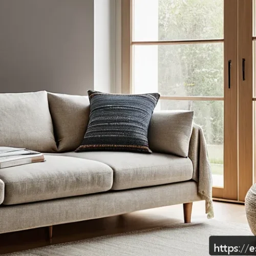 Home 32 소파 선택 가이드 - A modern living room featuring a medium-sized L-shaped sofa upholstered in recycled linen fabric, po...