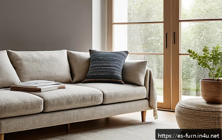 소파 선택 가이드 - A modern living room featuring a medium-sized L-shaped sofa upholstered in recycled linen fabric, po...