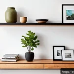 Home 19 책장 배치 아이디어 - A modern living room featuring floating shelves mounted at various heights on a clean white wall, de...