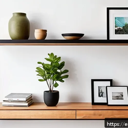 Home 31 책장 배치 아이디어 - A modern living room featuring floating shelves mounted at various heights on a clean white wall, de...