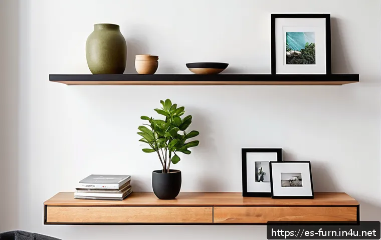 책장 배치 아이디어 - A modern living room featuring floating shelves mounted at various heights on a clean white wall, de...