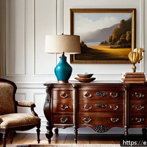 Home 17 엔틱 가구 특징 - A cozy living room scene blending Victorian antique furniture with modern minimalist décor: an ornat...