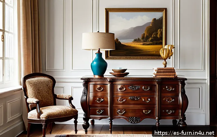 엔틱 가구 특징 - A cozy living room scene blending Victorian antique furniture with modern minimalist d&eacute;cor: an ornat...