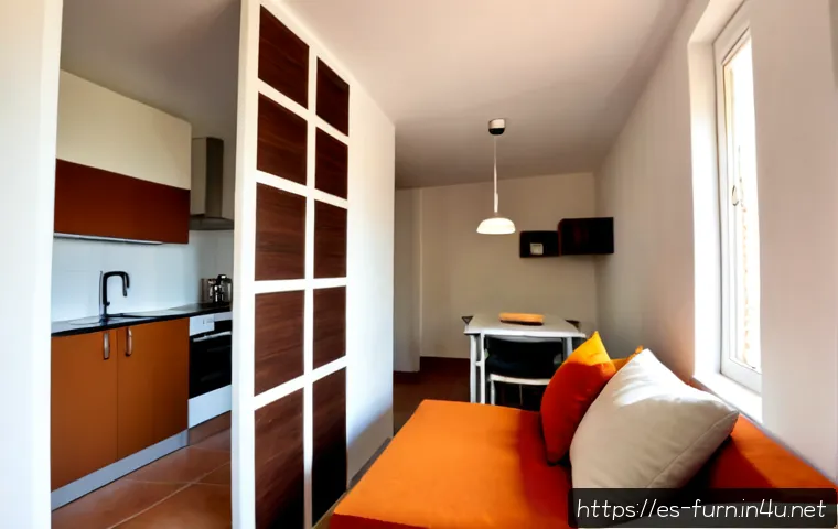 작은 공간 가구 배치 - Photorealistic compact apartment living room in a modern Spanish city, clever small-space furniture ...