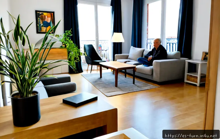 가구 렌탈 서비스 비교 - Photorealistic wide-angle interior of a bright modern apartment in Madrid, showing a stylish rented ...