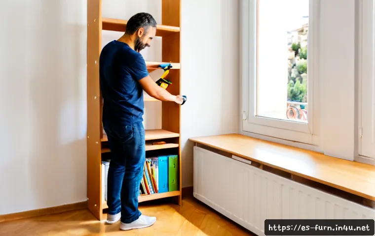 Home 17 조립식 가구 장단점 - Photorealistic bright apartment in Madrid, a smiling adult assembling a modern flat-pack wooden book...